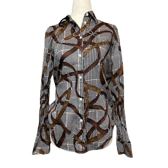Lauren Ralph Lauren Equestrian Print Button Down Top Size S Houndstooth Bridle - Picture 1 of 7